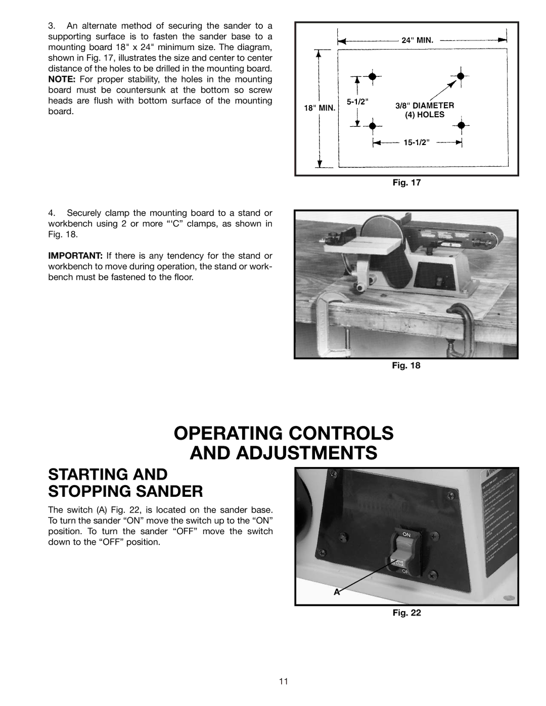 Delta SA446 instruction manual Operating Controls Adjustments, Starting Stopping Sander 