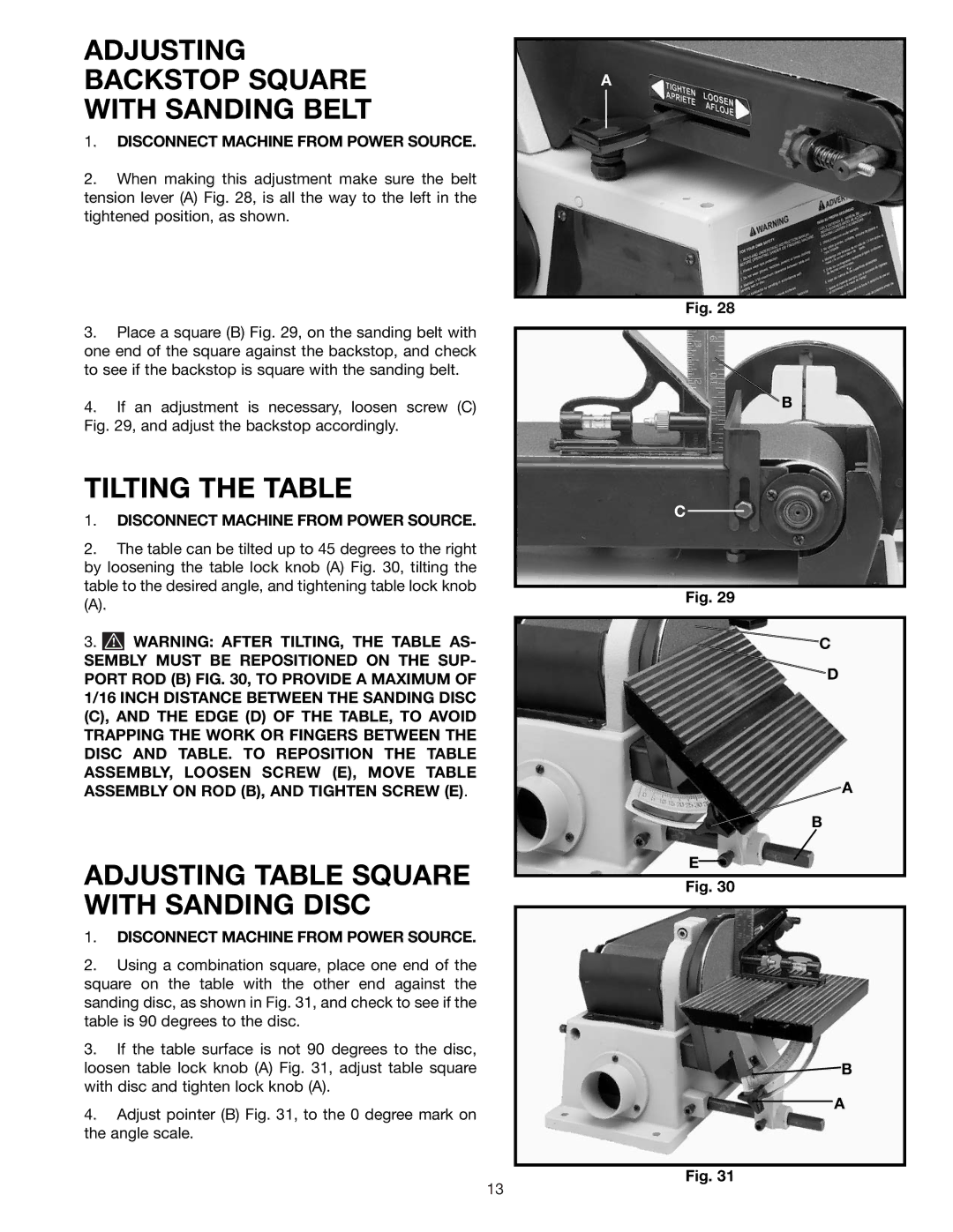 Delta SA446 Adjusting Backstop Square With Sanding Belt, Tilting the Table, Adjusting Table Square with Sanding Disc 