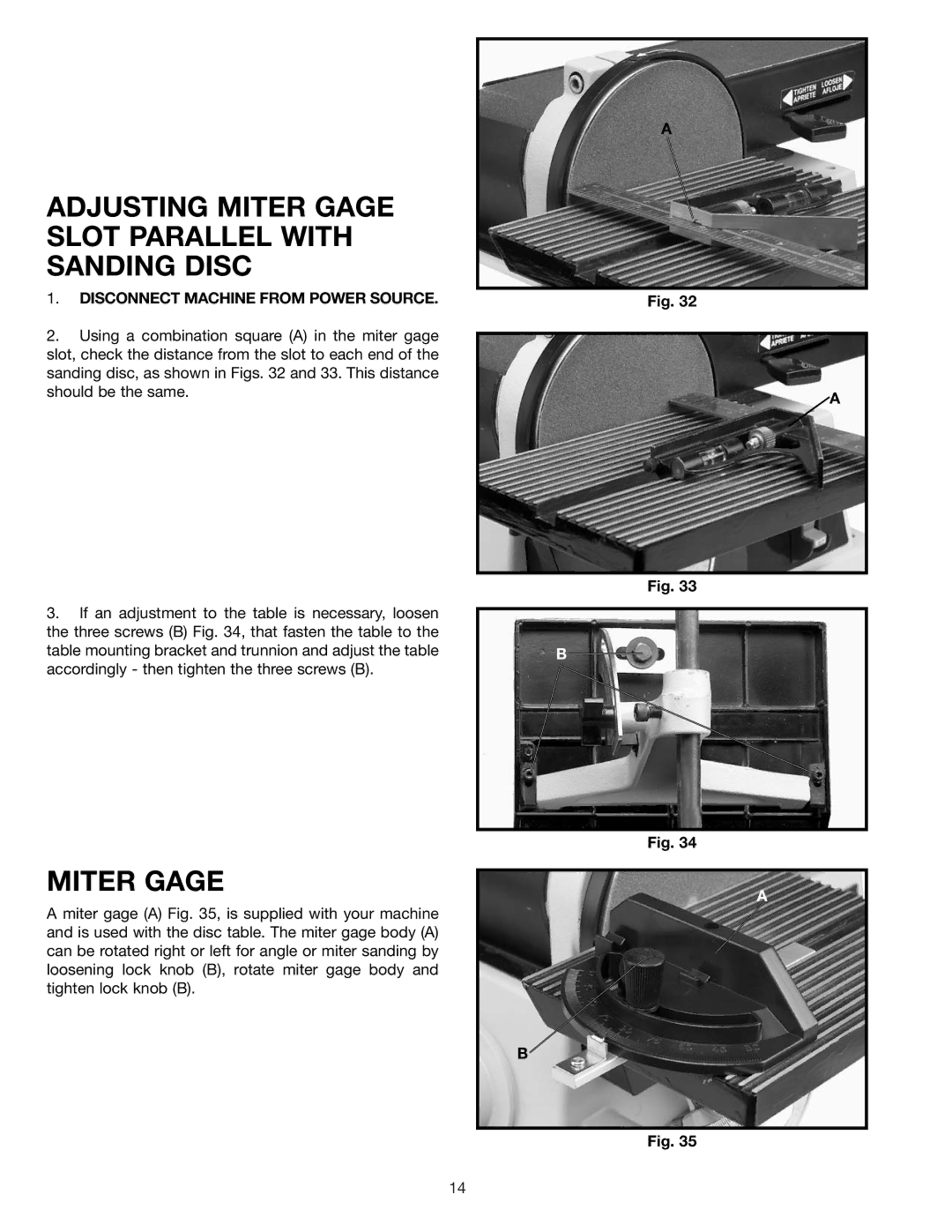 Delta SA446 instruction manual Adjusting Miter Gage Slot Parallel with Sanding Disc 