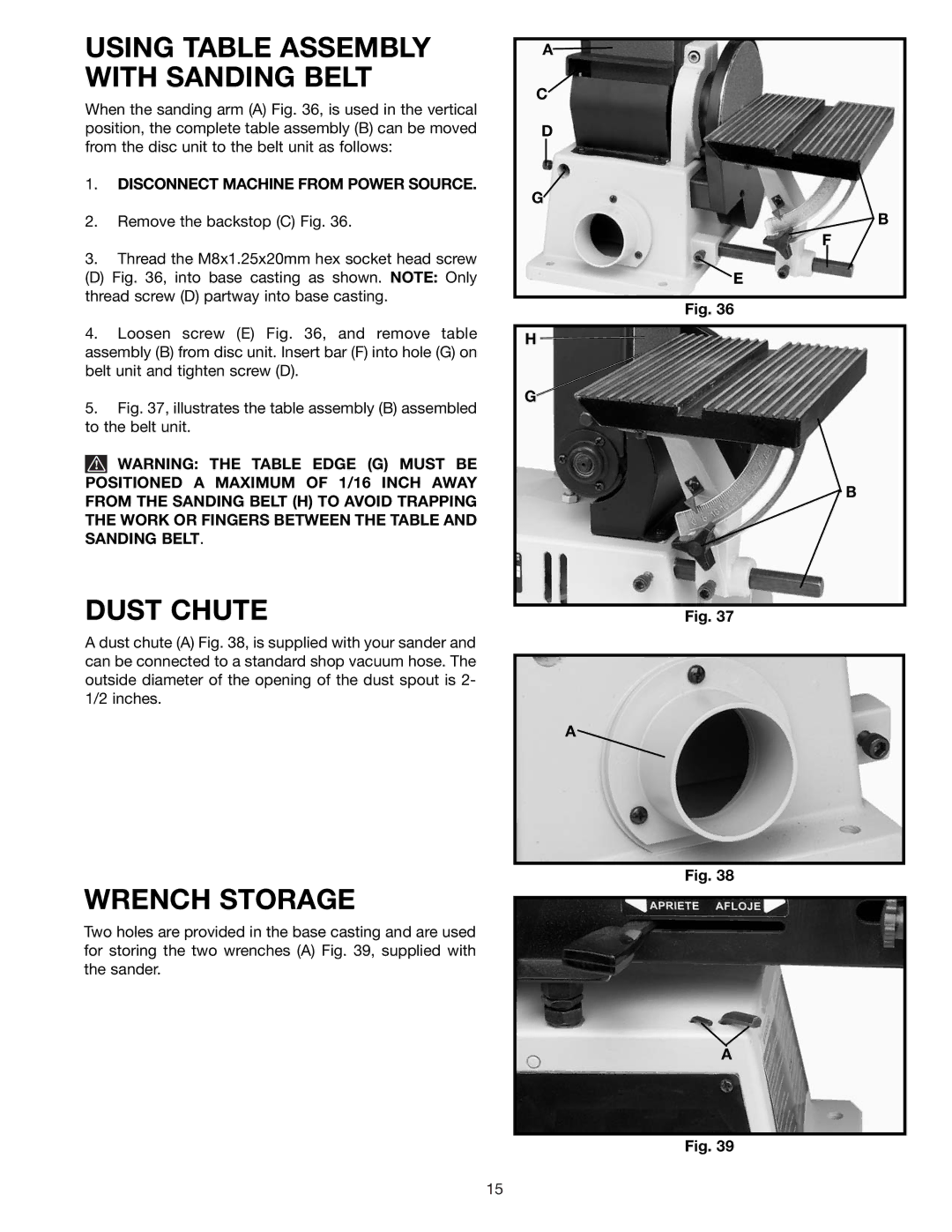 Delta SA446 instruction manual Dust Chute, Wrench Storage 