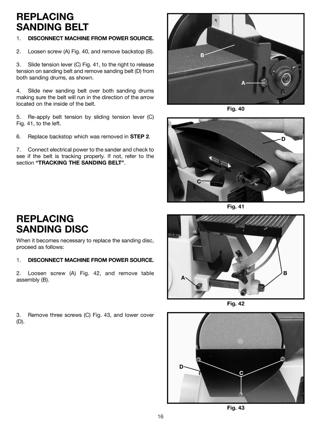 Delta SA446 instruction manual Replacing Sanding Belt, Replacing Sanding Disc 