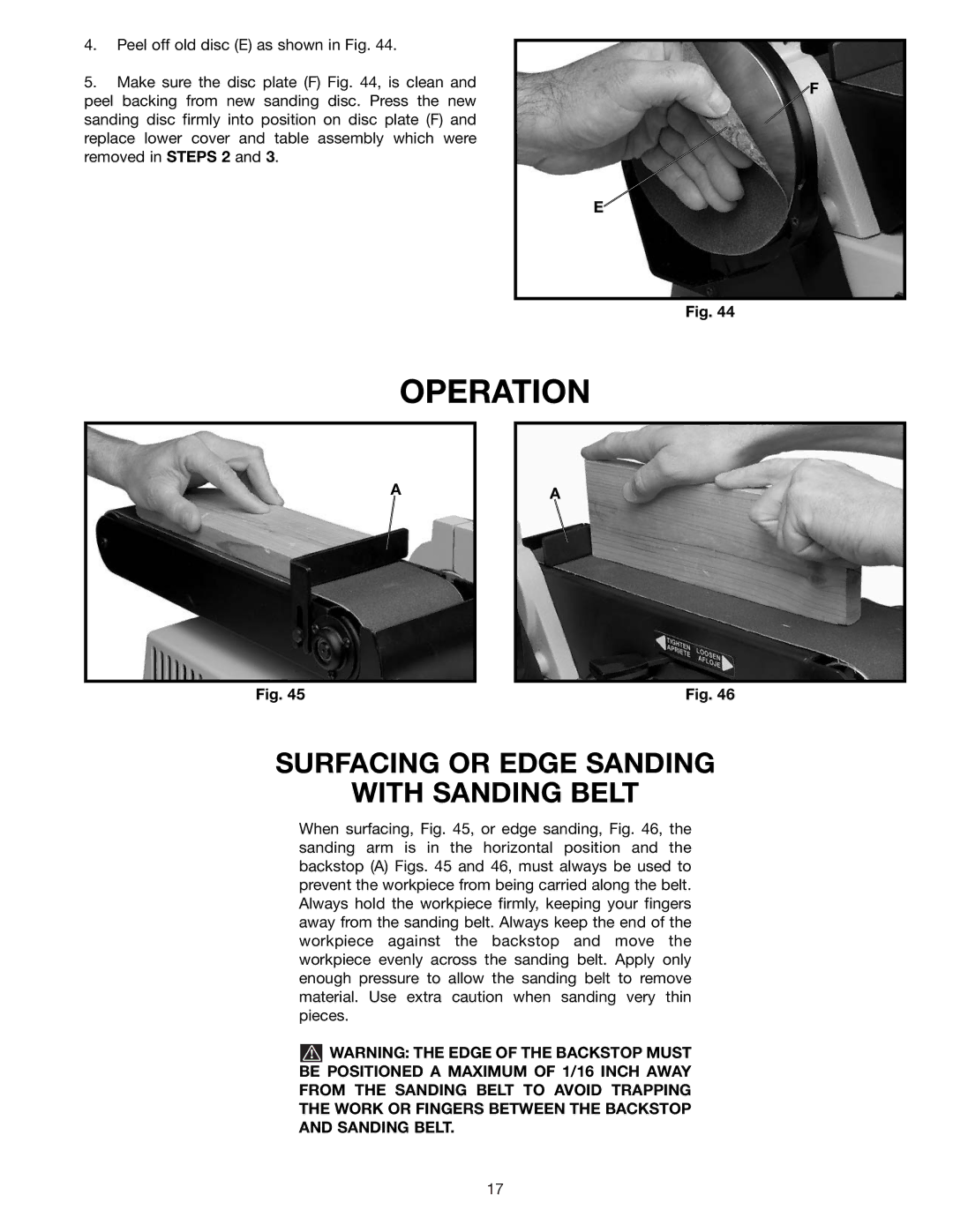 Delta SA446 instruction manual Operation, Surfacing or Edge Sanding With Sanding Belt 