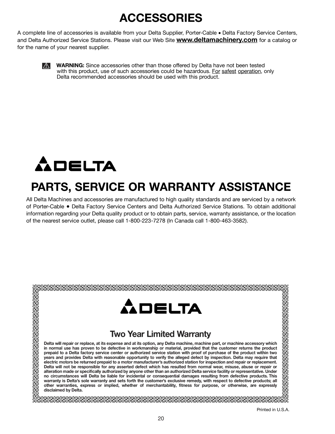 Delta SA446 instruction manual Accessories PARTS, Service or Warranty Assistance, Two Year Limited Warranty 