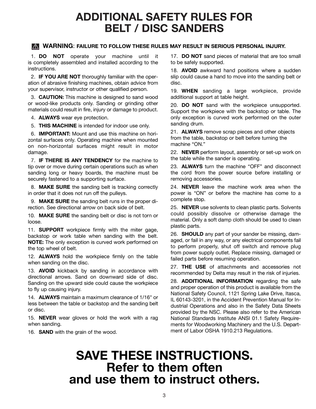 Delta SA446 Refer to them often Use them to instruct others, Additional Safety Rules for Belt / Disc Sanders 