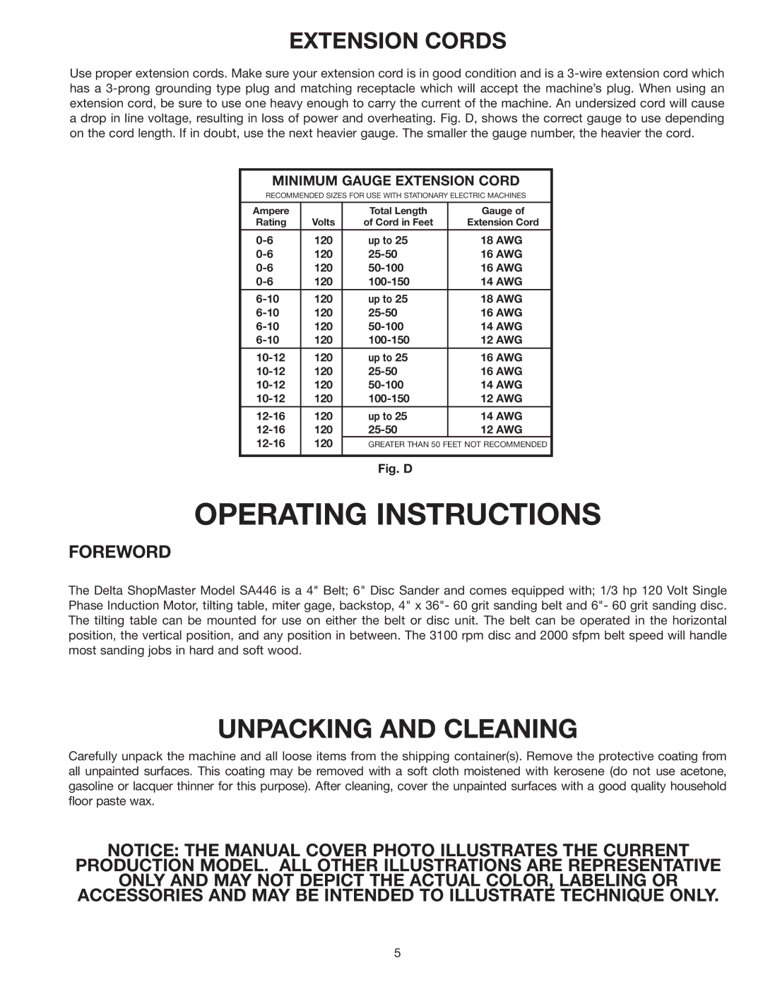 Delta SA446 instruction manual Unpacking and Cleaning, Extension Cords 