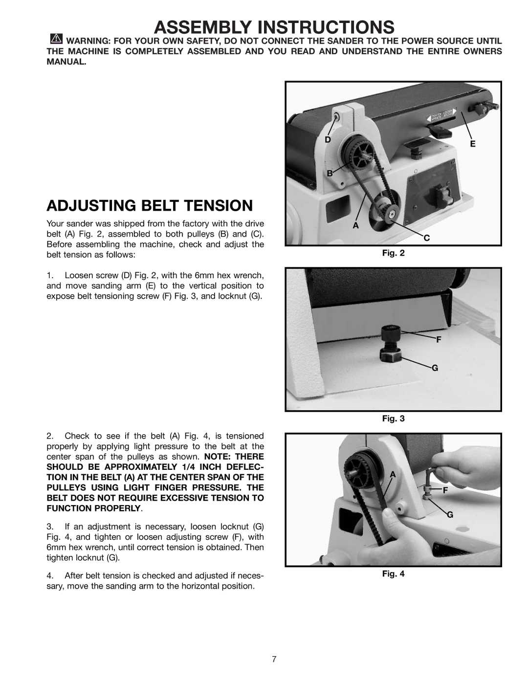 Delta SA446 instruction manual Assembly Instructions, Adjusting Belt Tension 