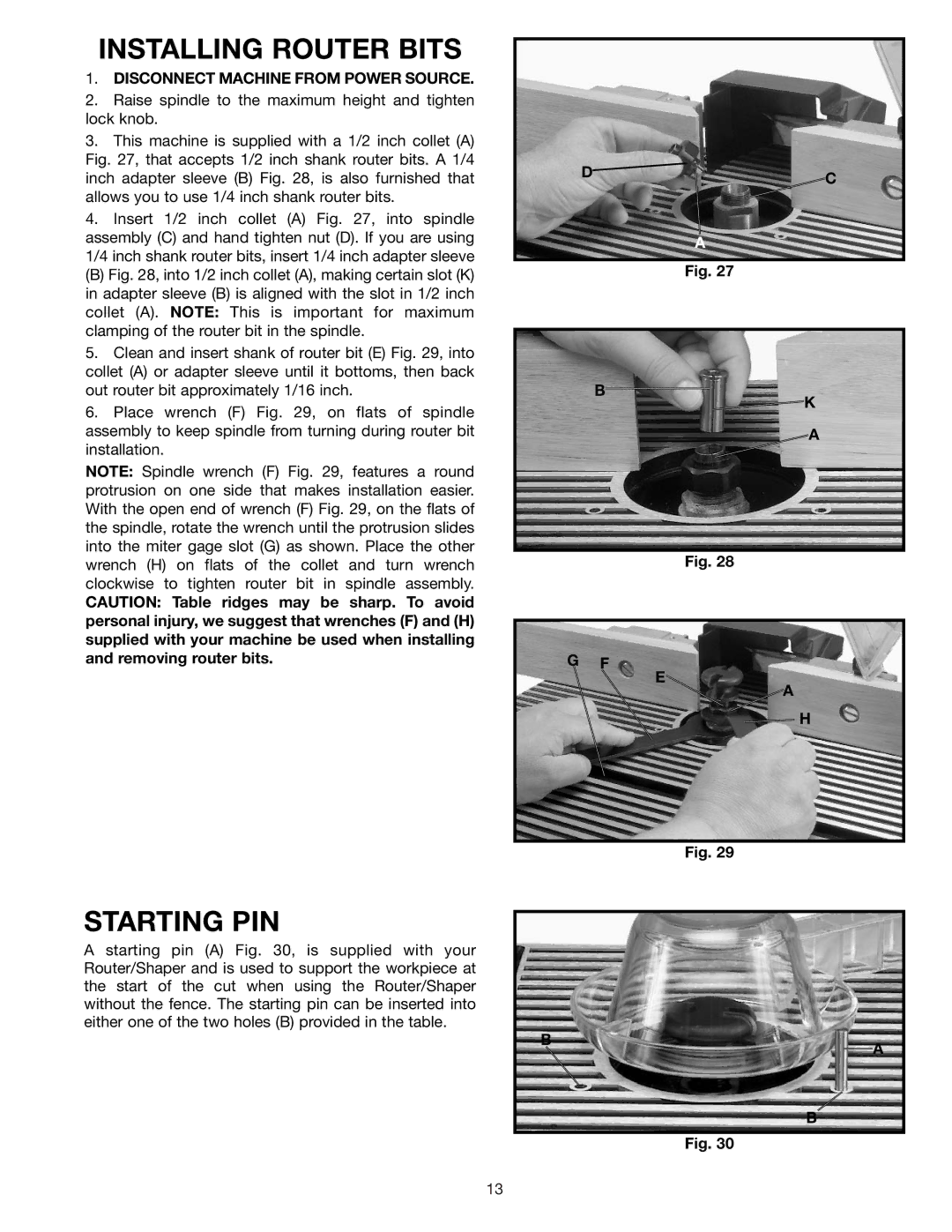 Delta SH100 instruction manual Installing Router Bits, Starting PIN 