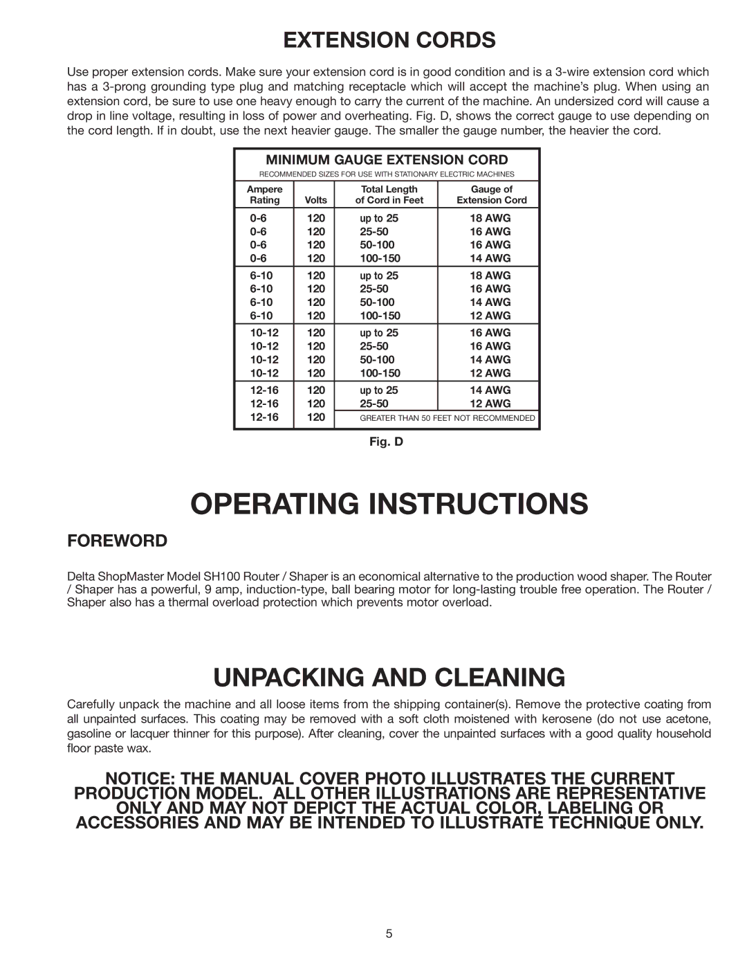 Delta SH100 instruction manual Unpacking and Cleaning, Extension Cords 