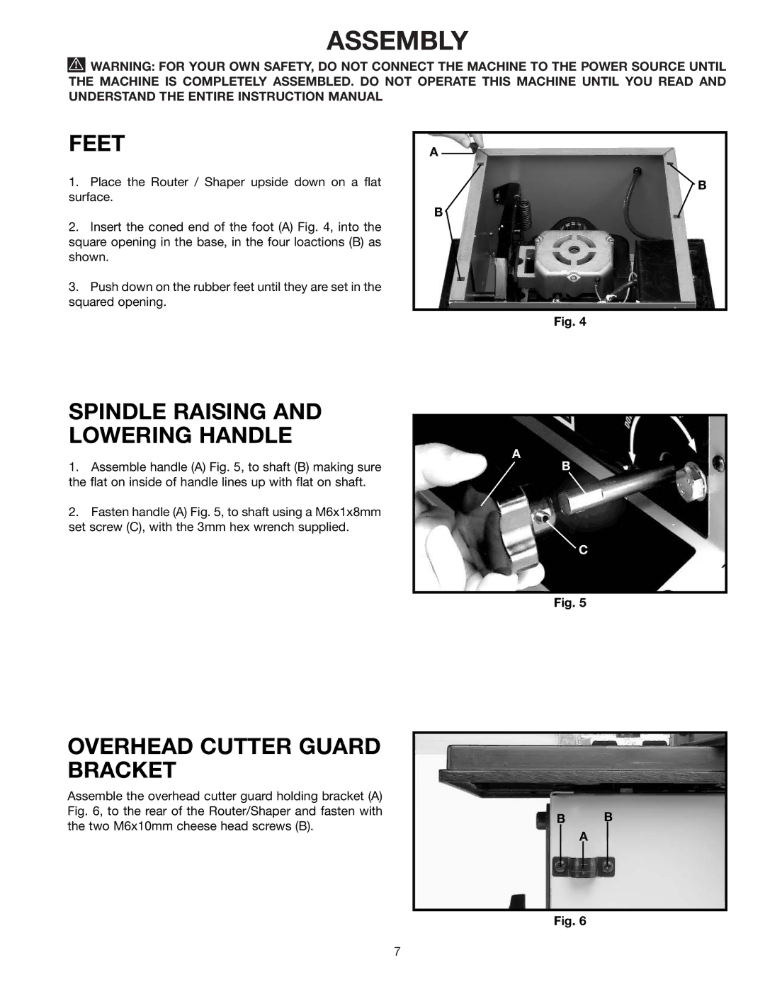 Delta SH100 instruction manual Assembly, Feet, Spindle Raising and Lowering Handle, Overhead Cutter Guard Bracket 