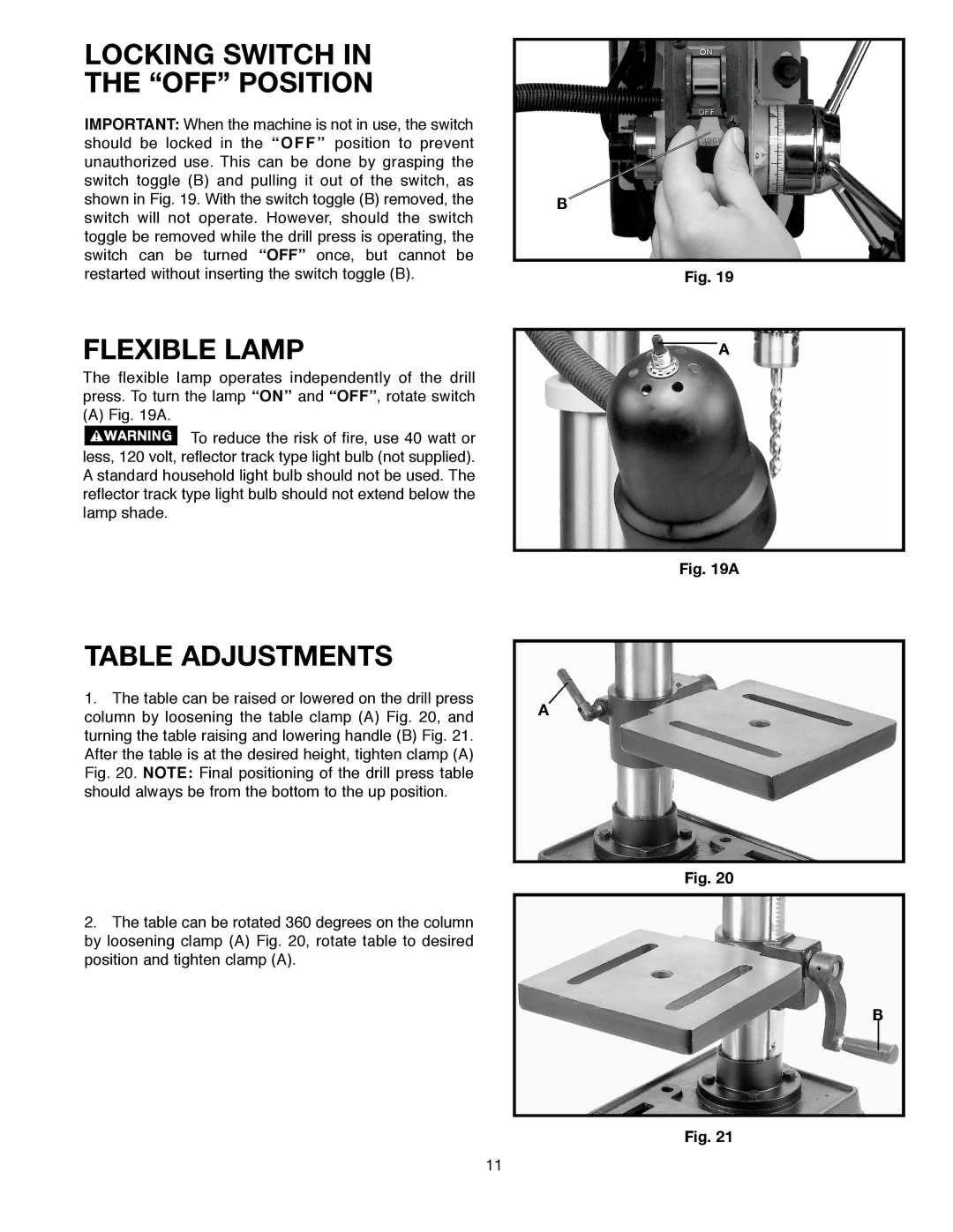 Delta 638517-00, SM300 warranty Locking Switch OFF Position, Flexible Lamp, Table Adjustments 