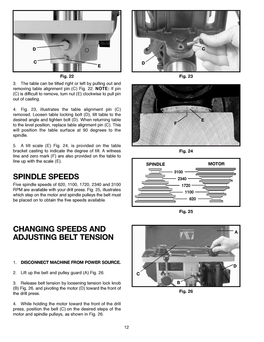 Delta SM300, 638517-00 warranty Spindle Speeds, Changing Speeds and Adjusting Belt Tension 