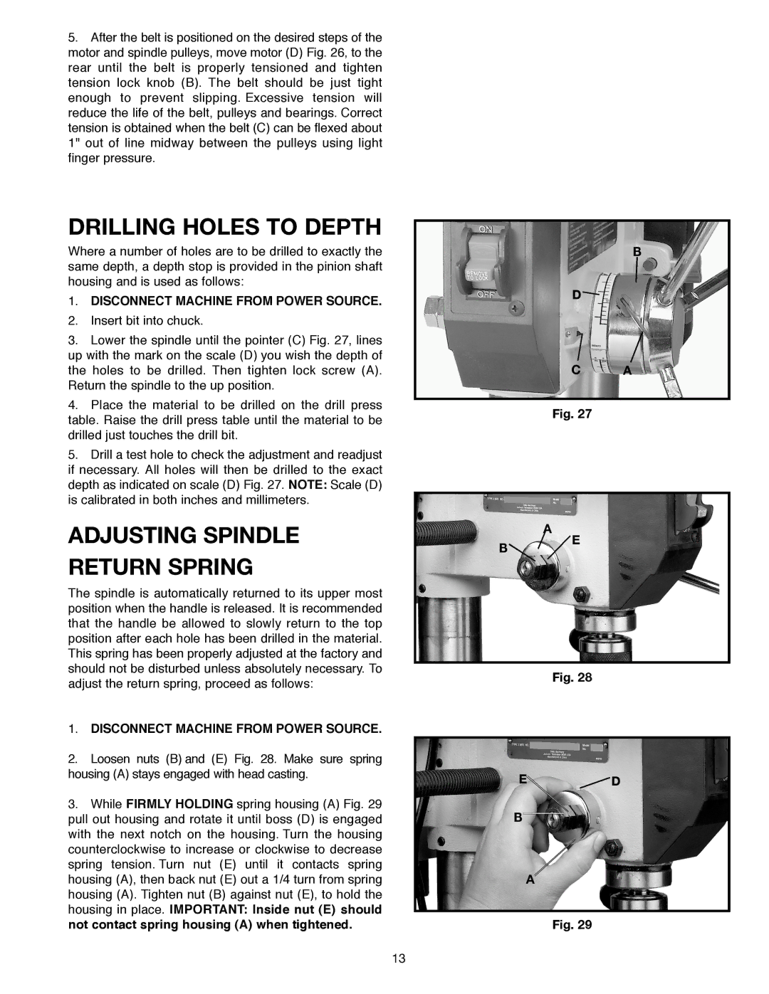 Delta 638517-00, SM300 warranty Drilling Holes to Depth, Adjusting Spindle Return Spring 