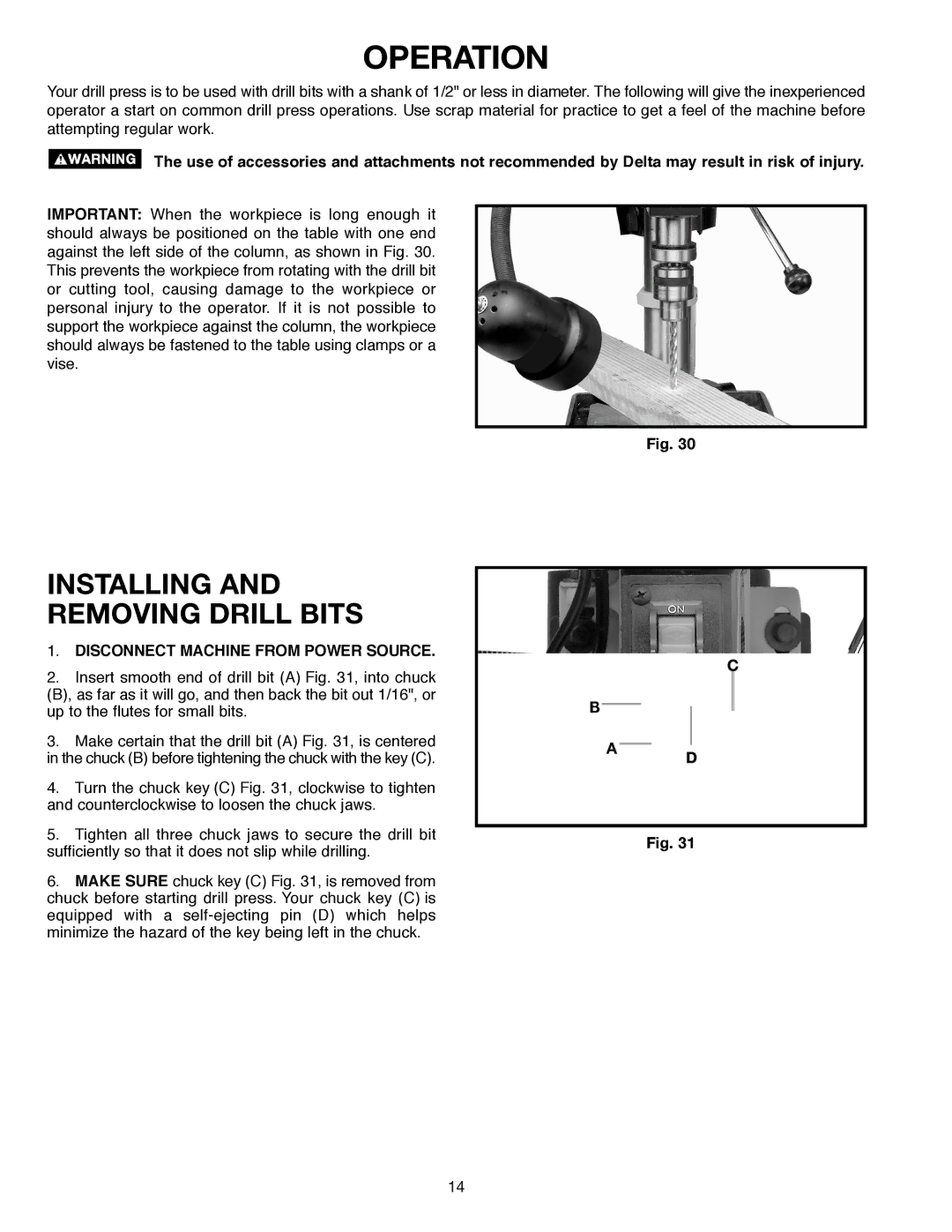 Delta SM300, 638517-00 warranty Operation, Installing and Removing Drill Bits 