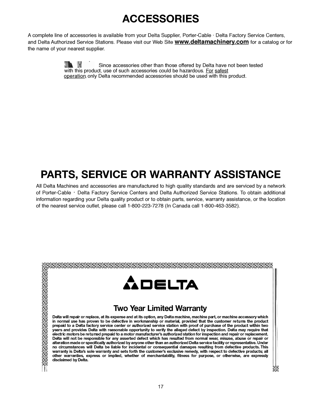 Delta 638517-00, SM300 warranty Accessories, PARTS, Service or Warranty Assistance 