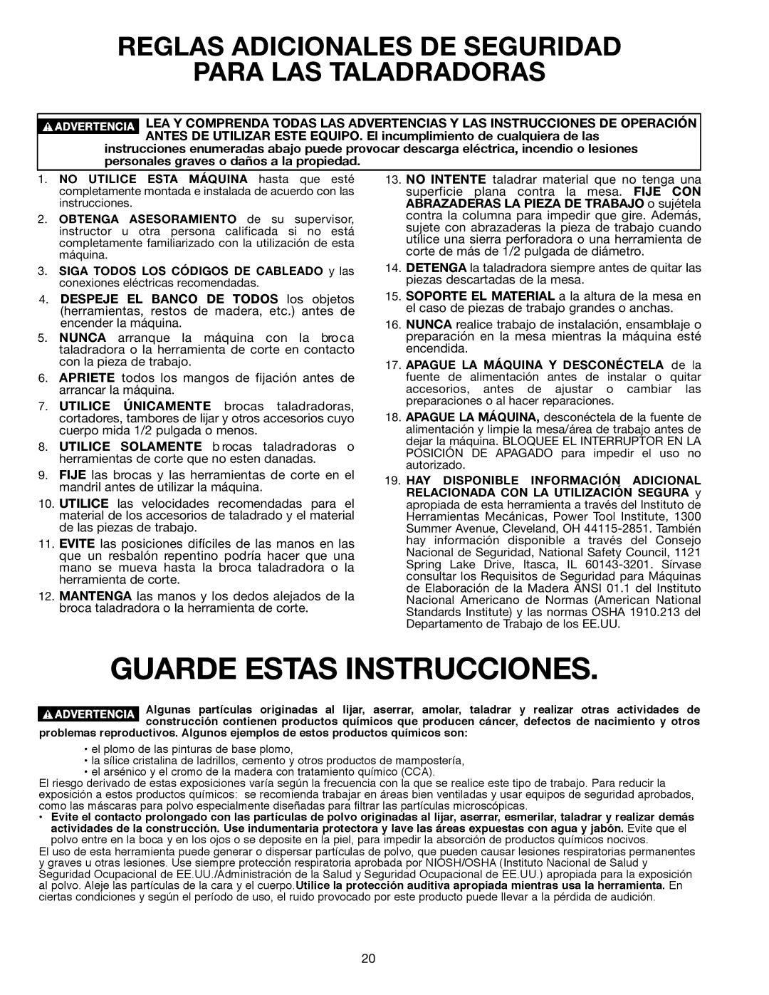 Delta SM300, 638517-00 warranty Guarde Estas Instrucciones, Reglas Adicionales DE Seguridad Para LAS Taladradoras 