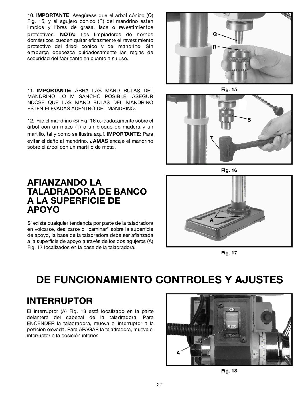 Delta 638517-00, SM300 DE Funcionamiento Controles Y Ajustes, Afianzando LA Taladradora DE Banco LA Superficie DE Apoyo 