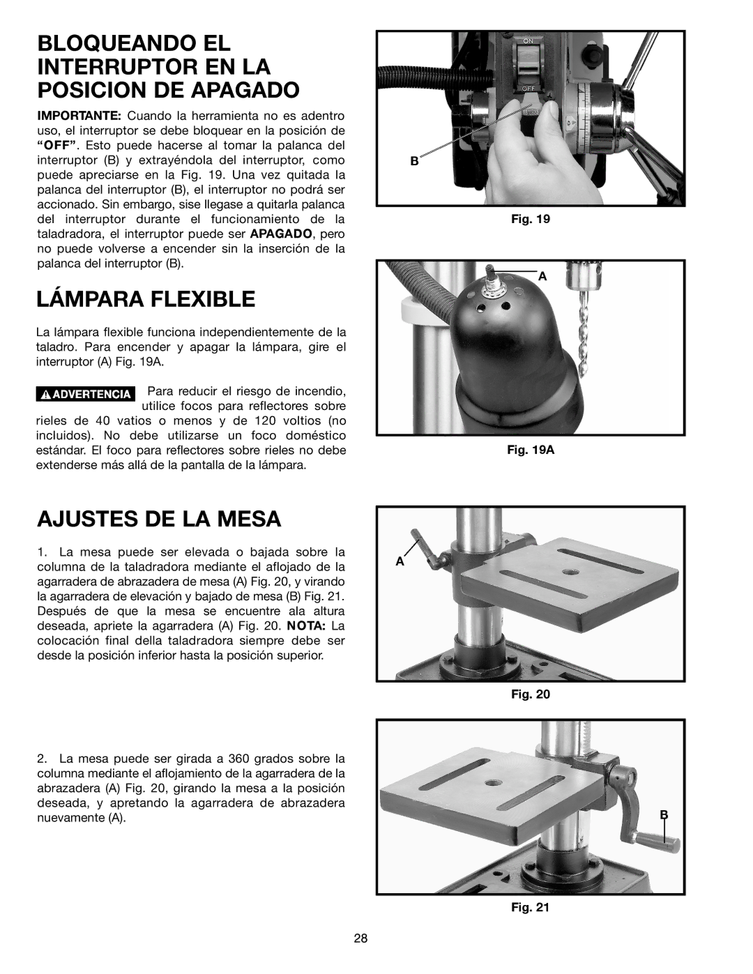 Delta SM300, 638517-00 warranty Bloqueando EL Interruptor EN LA Posicion DE Apagado, Lámpara Flexible, Ajustes DE LA Mesa 