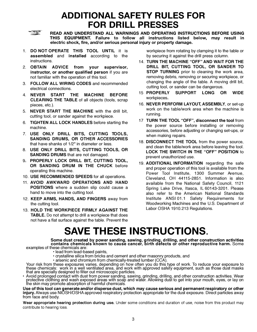 Delta 638517-00, SM300 warranty Additional Safety Rules for For Drill Presses 