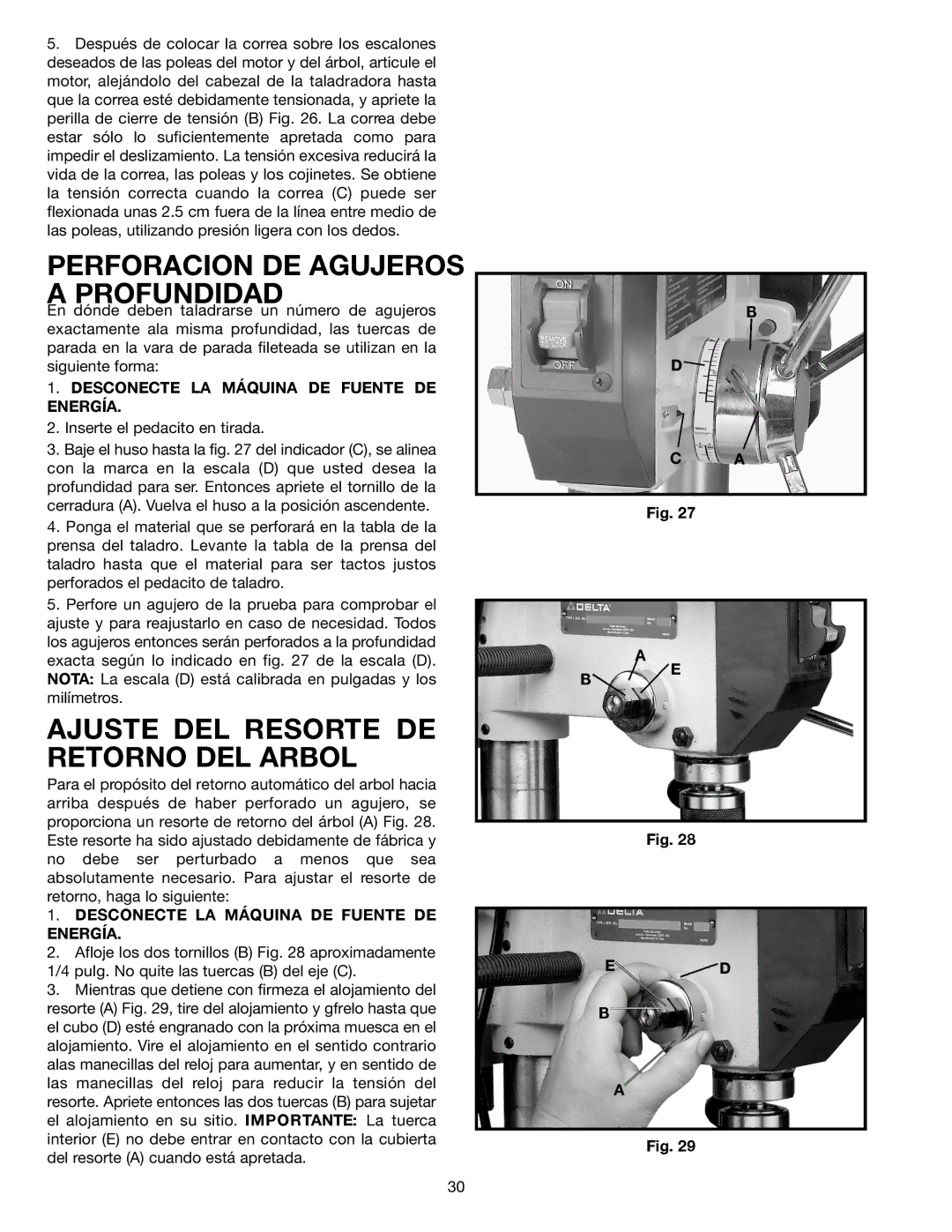 Delta SM300, 638517-00 warranty Perforacion DE Agujeros a Profundidad, Ajuste DEL Resorte DE Retorno DEL Arbol 