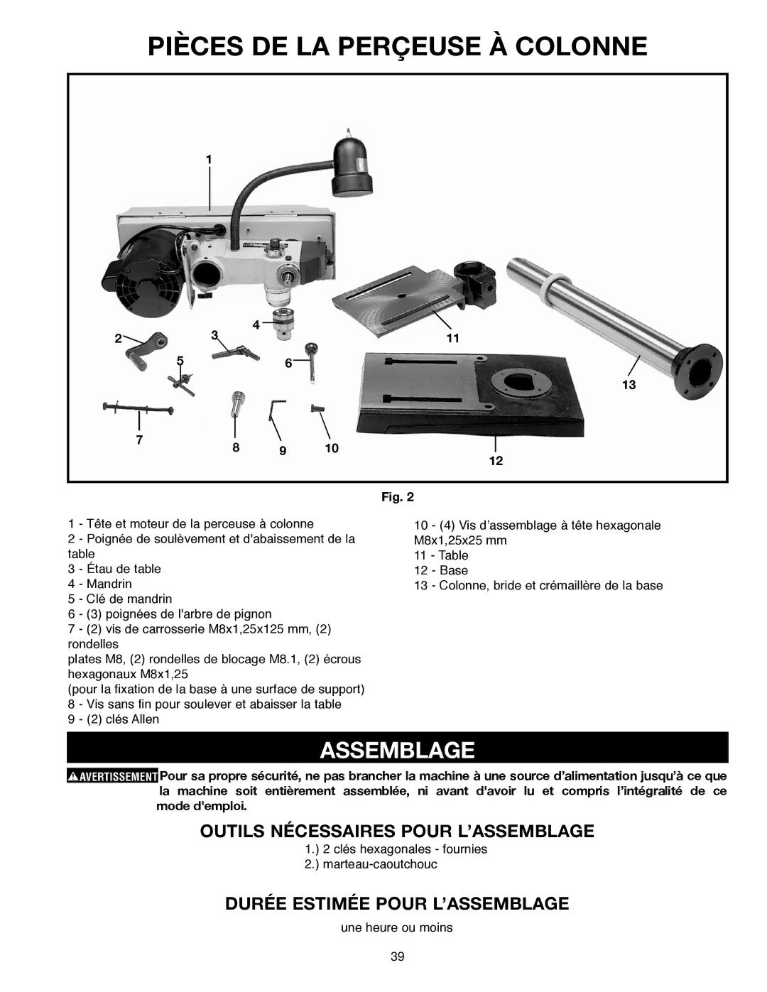 Delta 638517-00 Pièces DE LA Perçeuse À Colonne, Outils Nécessaires Pour L’ASSEMBLAGE, Durée Estimée Pour L’ASSEMBLAGE 