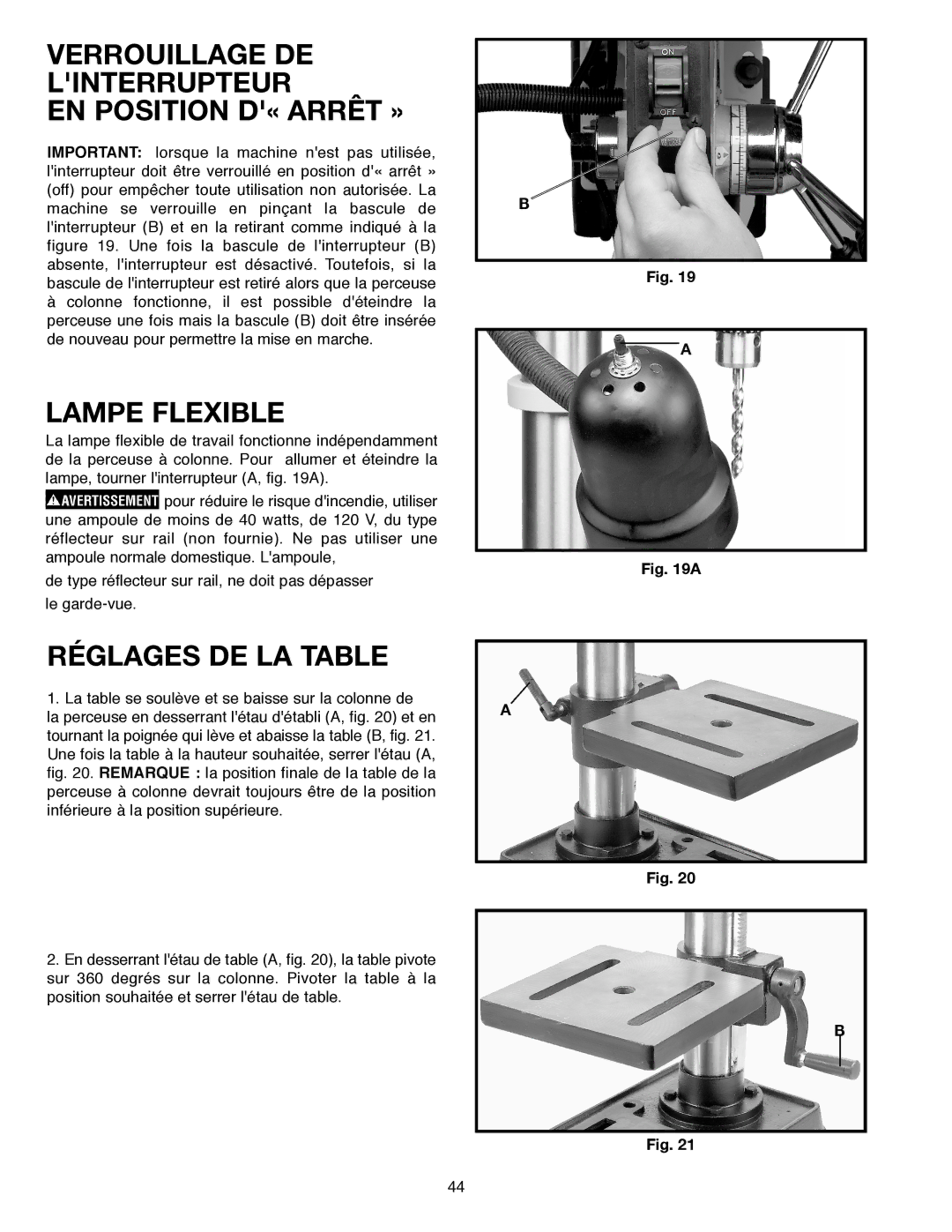 Delta SM300, 638517-00 warranty Verrouillage DE Linterrupteur EN Position D« Arrêt », Lampe Flexible, Réglages DE LA Table 