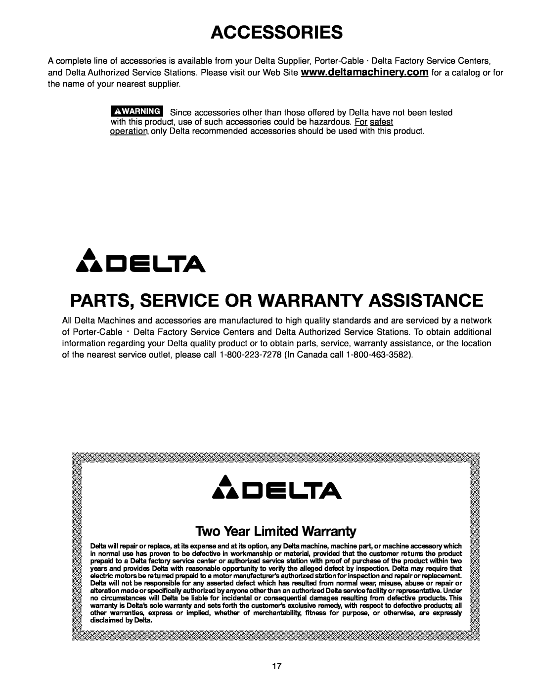 Delta 638517-00, SM300 warranty Accessories, Parts, Service Or Warranty Assistance, Two Year Limited Warranty 