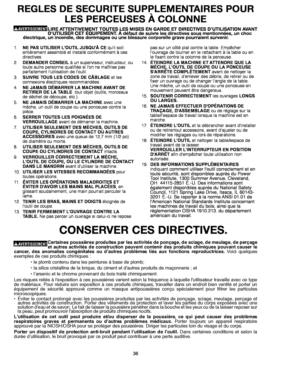 Delta SM300, 638517-00 warranty Conserver Ces Directives, Règles De Sécurité Supplémentaires Pour Les Perceuses À Colonne 
