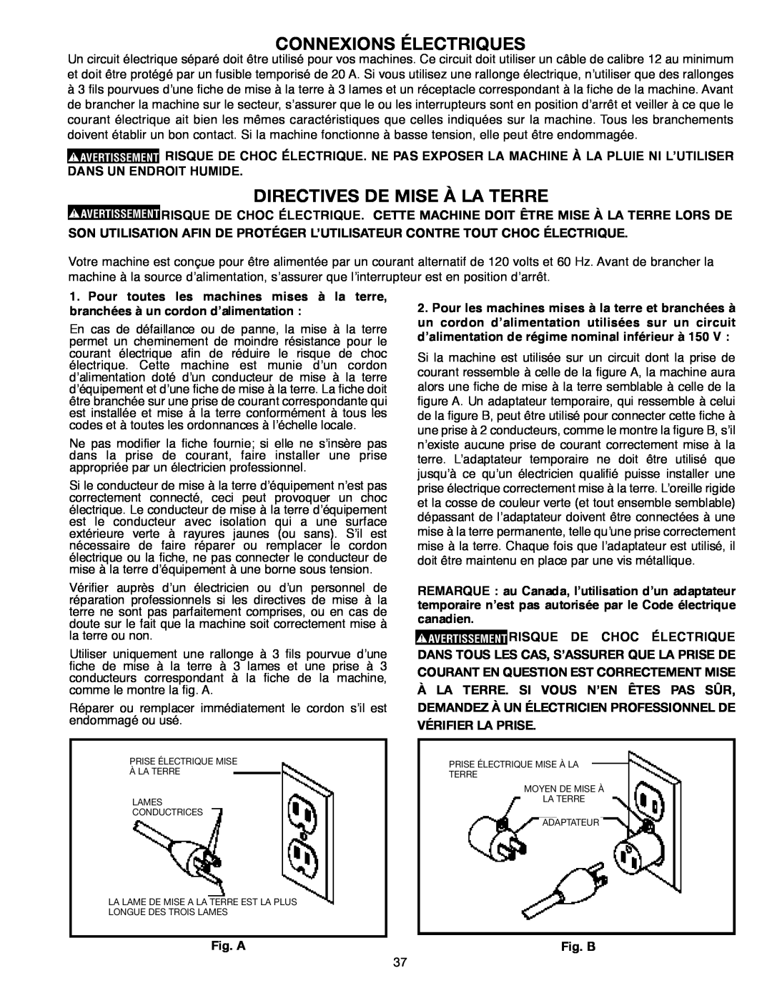 Delta 638517-00, SM300 warranty Connexions Électriques, Directives De Mise À La Terre, Fig. A, Fig. B 