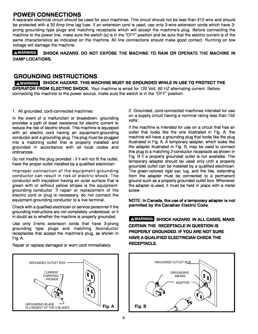 Delta SM300, 638517-00 warranty Power Connections, Grounding Instructions, Fig. A, Fig. B 