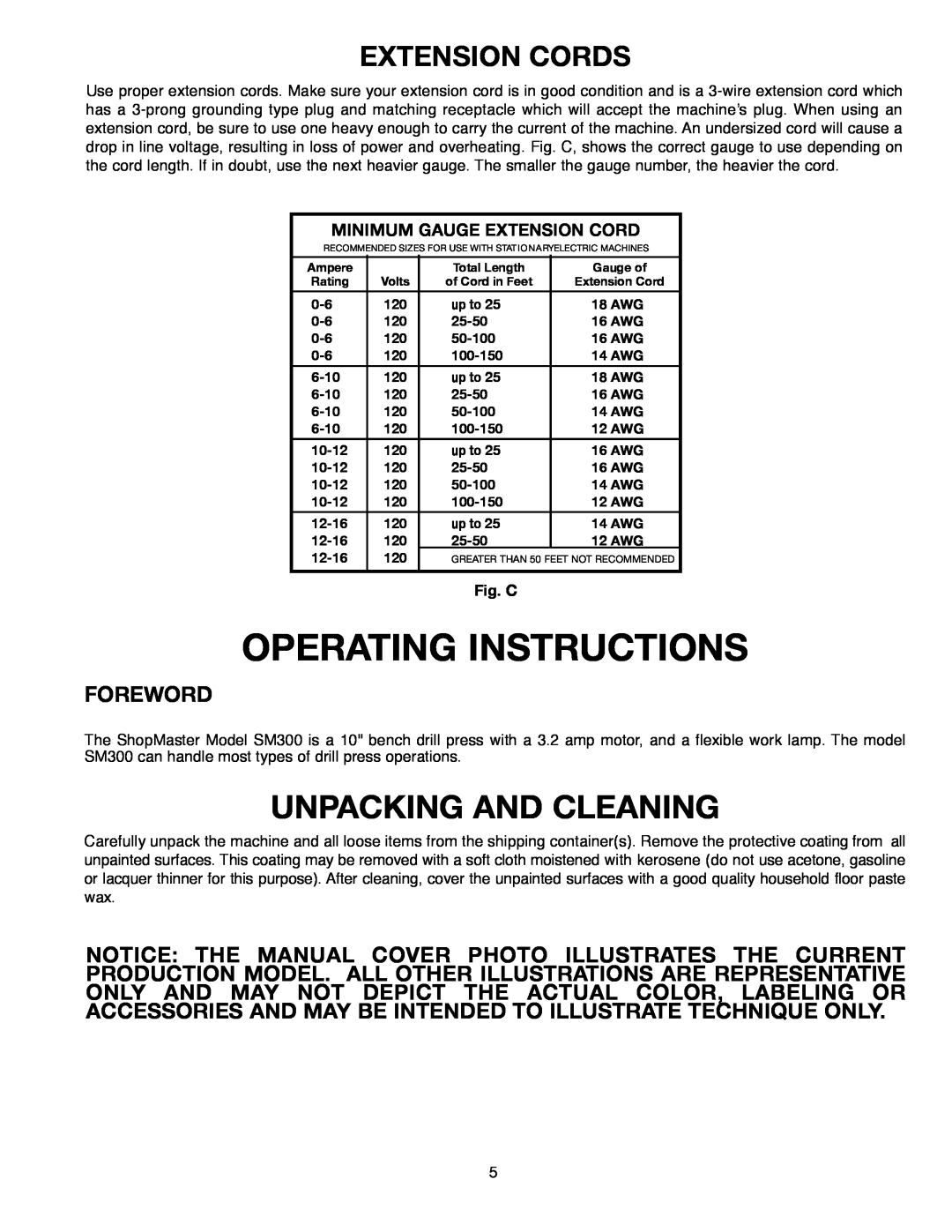 Delta 638517-00, SM300 O P E R Ating Instructions, U N Packing And Cleaning, Extension Cords, F O R E W O R D, Fig. C 