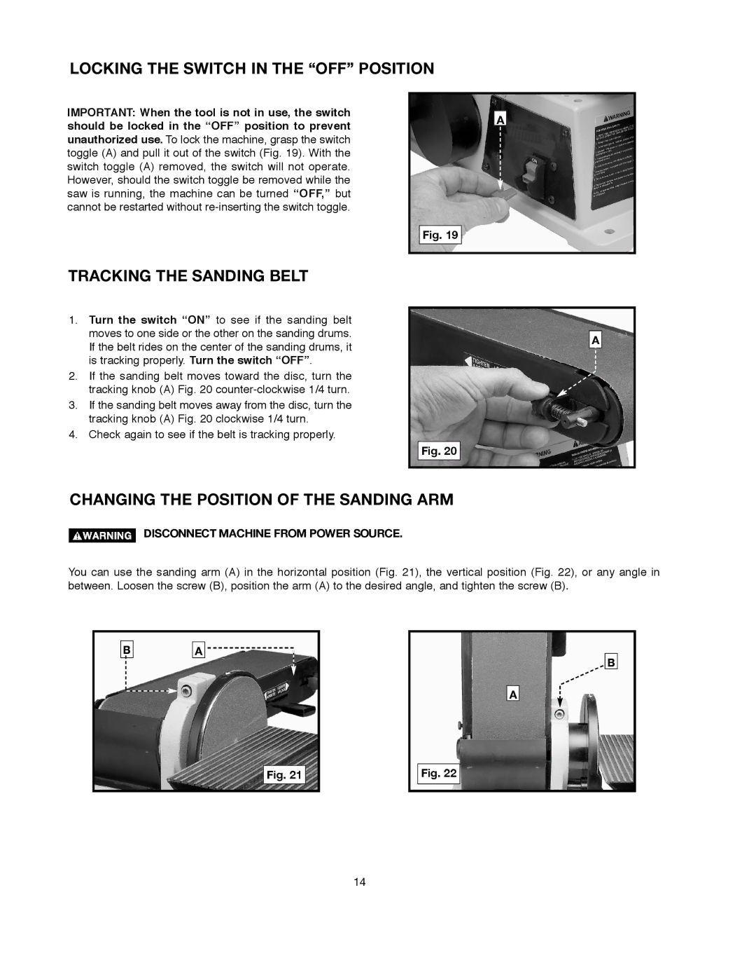 Delta SM500 Locking the Switch in the OFF Position, Tracking the Sanding Belt, Changing the Position of the Sanding ARM 