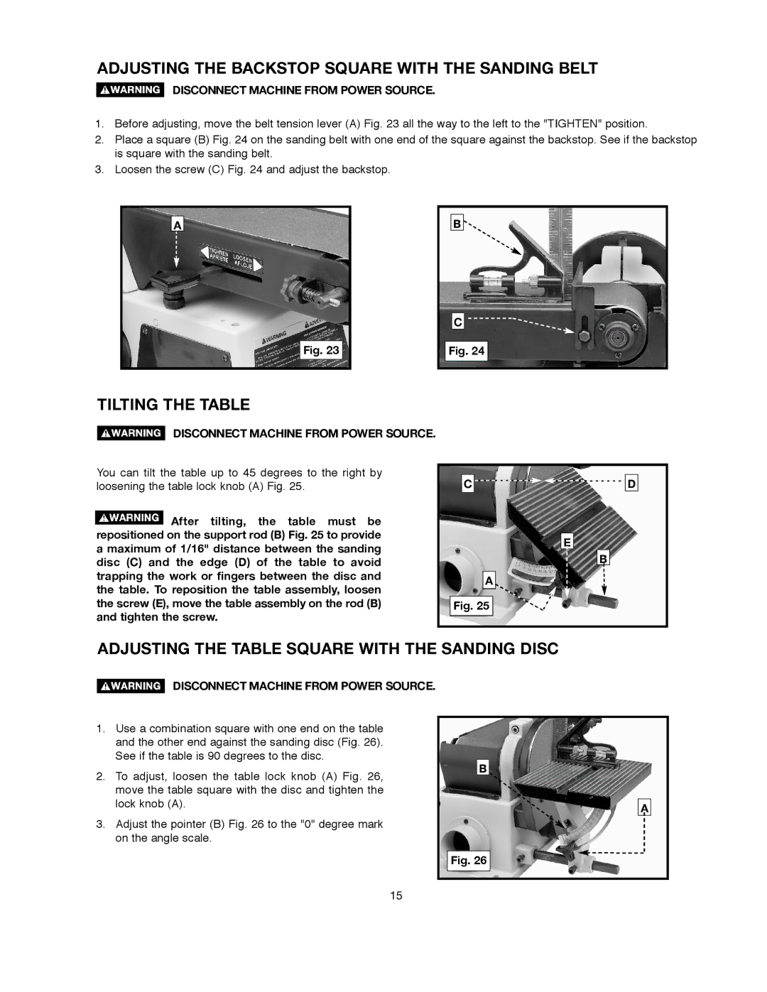 Delta 491836-00, SM500 warranty Adjusting the Backstop Square with the Sanding Belt, Tilting the Table 