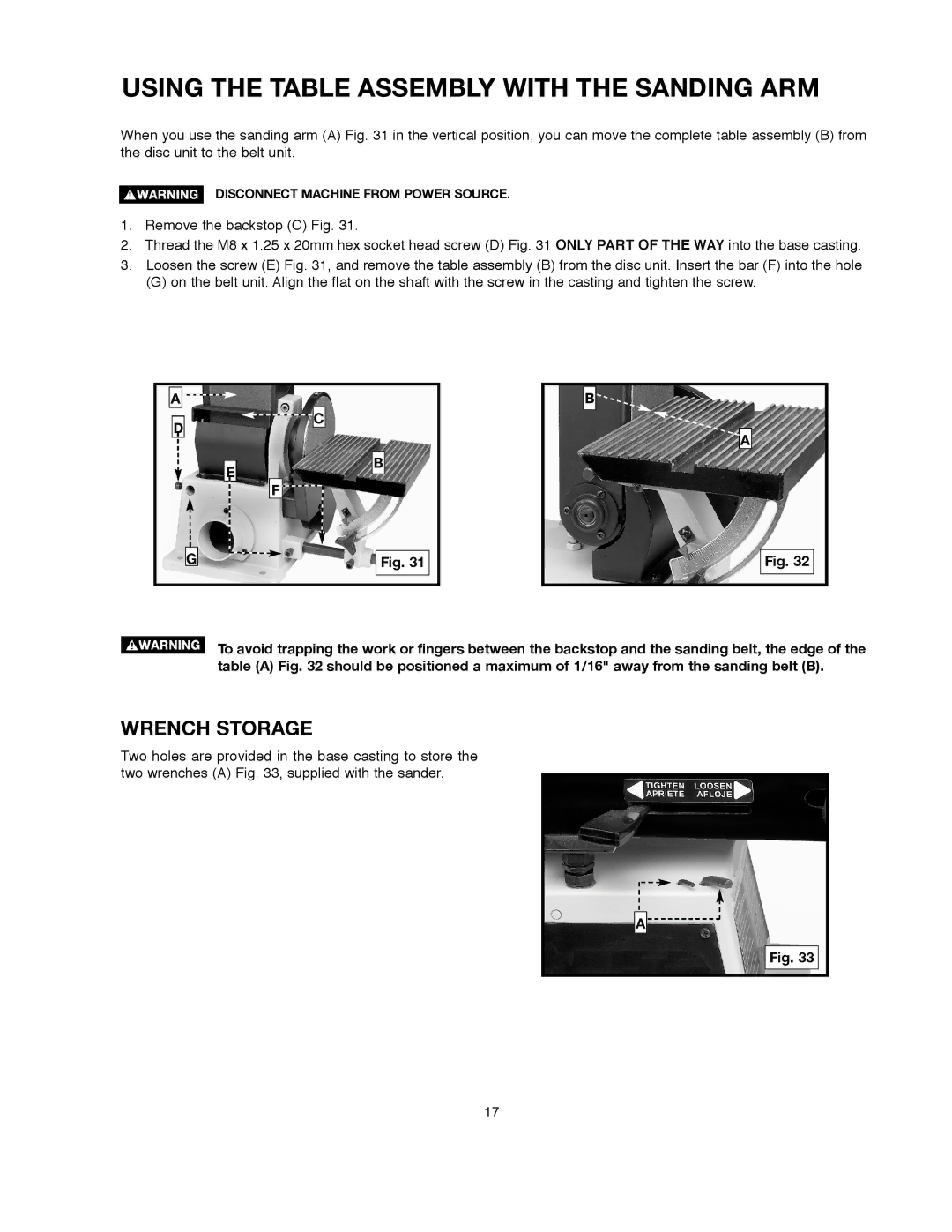 Delta 491836-00, SM500 warranty Using the Table Assembly with the Sanding ARM, Wrench Storage 