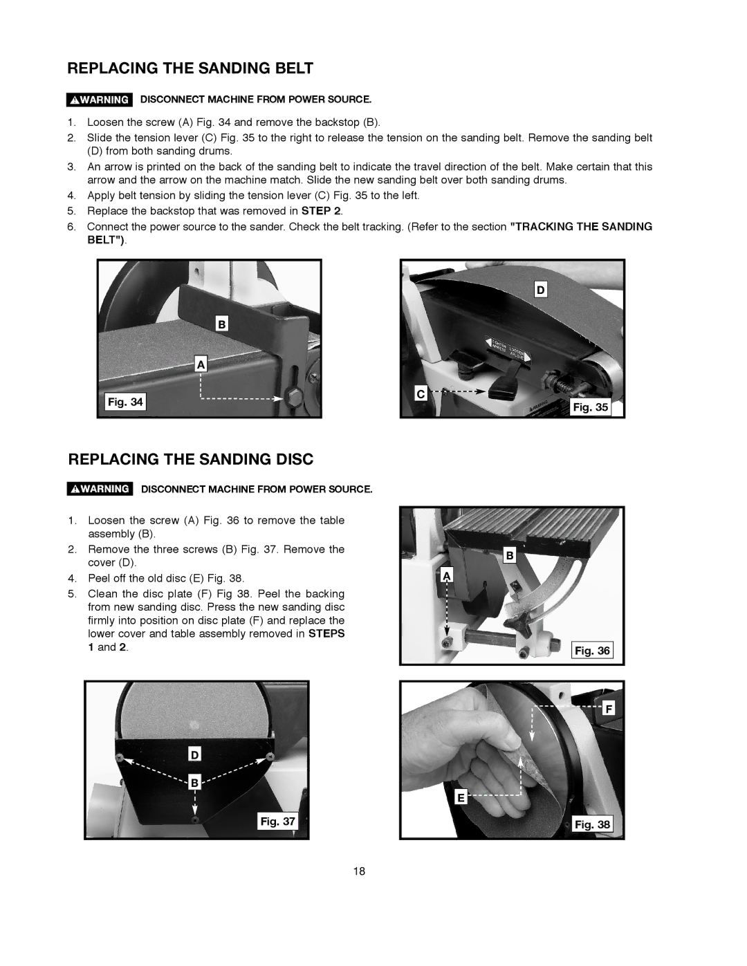 Delta SM500, 491836-00 warranty Replacing the Sanding Belt, Replacing the Sanding Disc 