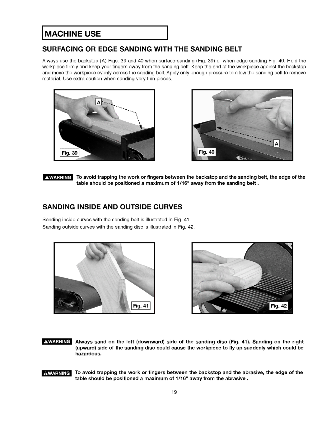 Delta 491836-00, SM500 warranty Surfacing or Edge Sanding with the Sanding Belt, Sanding Inside and Outside Curves 