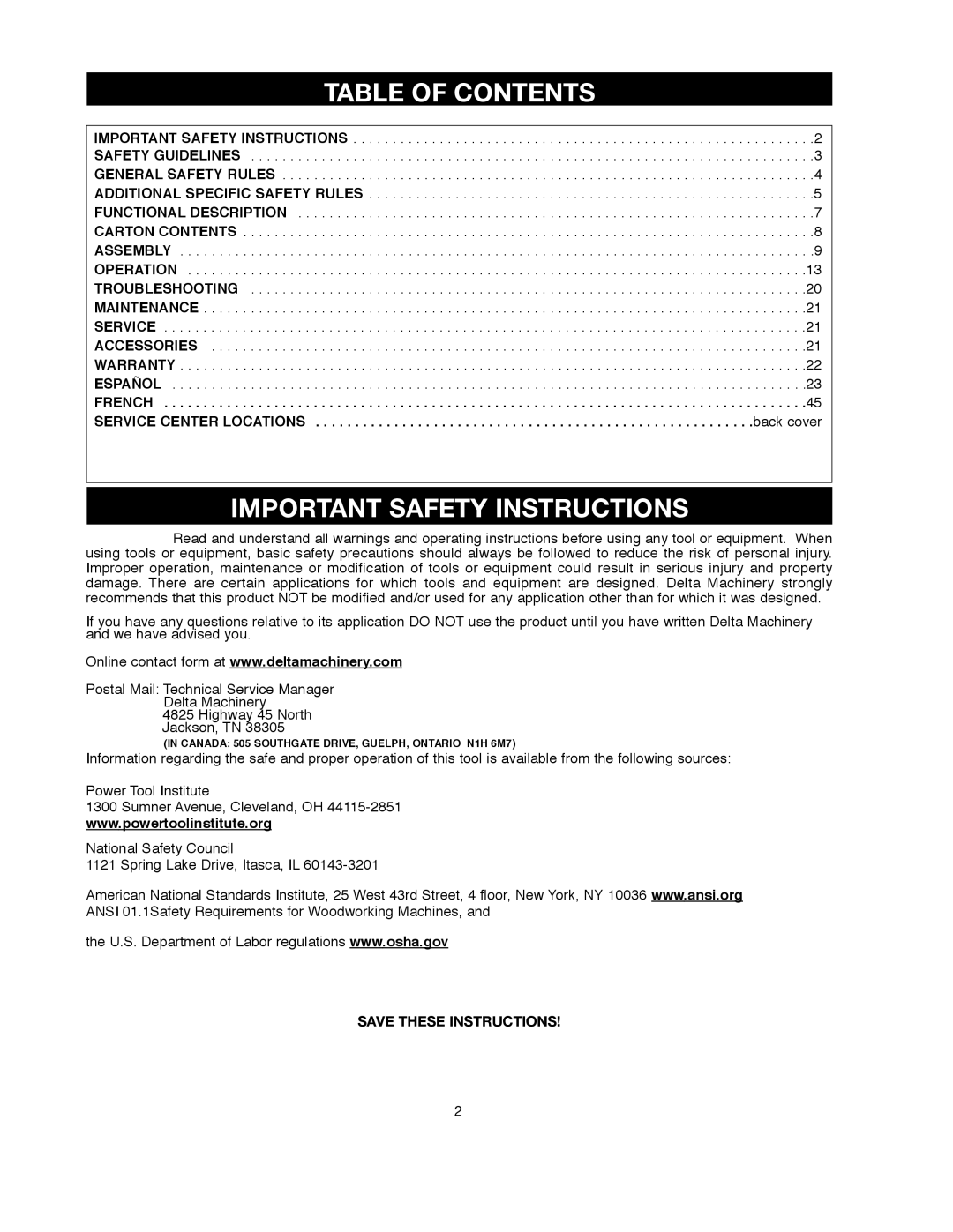 Delta SM500, 491836-00 warranty Table of Contents, Important Safety Instructions 