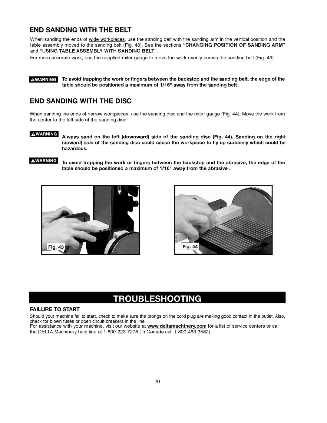 Delta SM500, 491836-00 warranty Troubleshooting, END Sanding with the Belt, END Sanding with the Disc, Failure to STA RT 