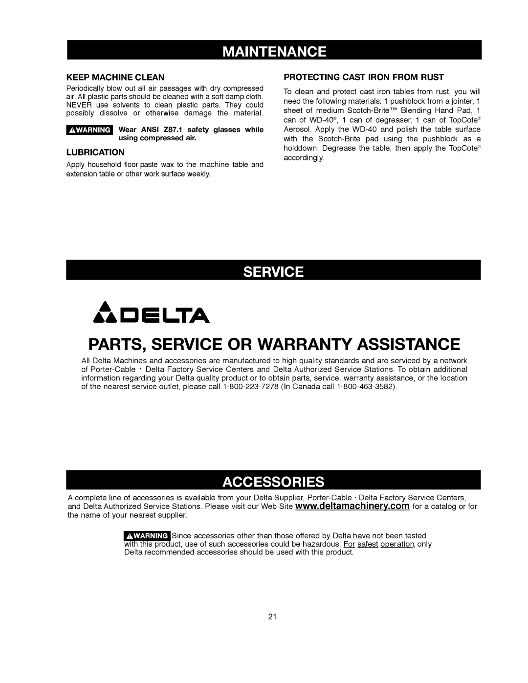 Delta 491836-00, SM500 warranty I N T E N a N C E, Rv I C E, Accessories 