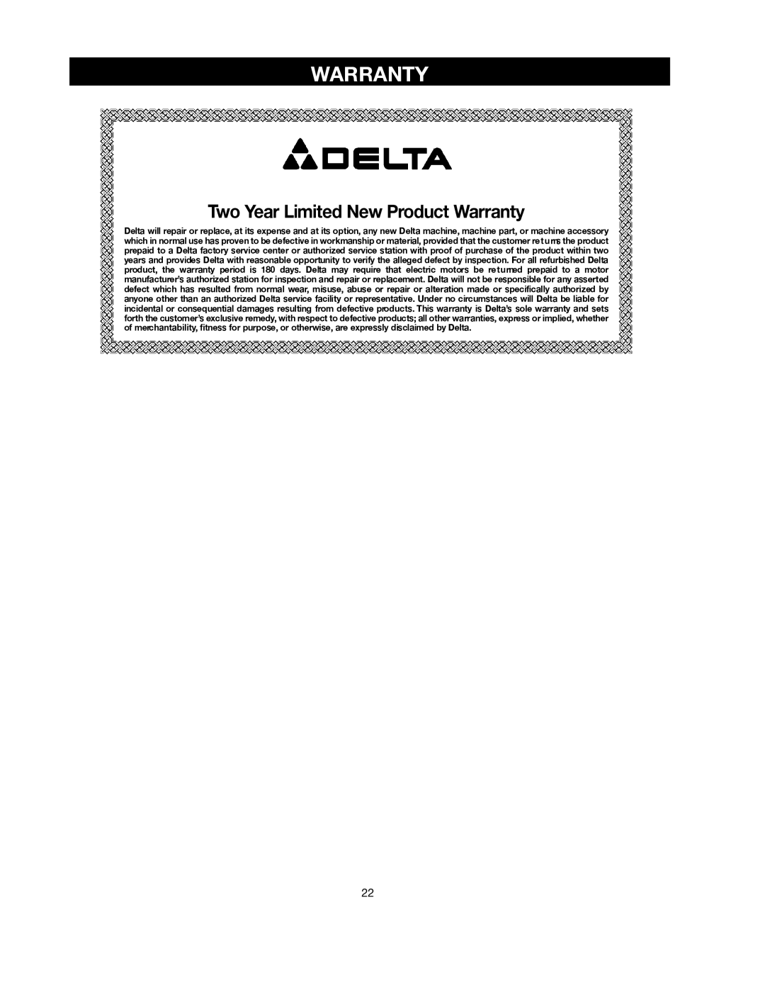 Delta SM500, 491836-00 warranty Two Year Limited New Product Warranty 