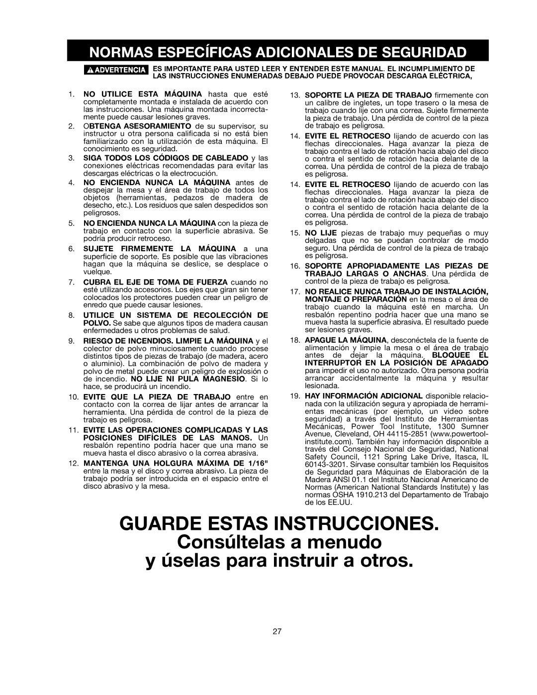 Delta 491836-00, SM500 warranty Guarde Estas Instrucciones, Normas Específicas Adicionales DE Seguridad 