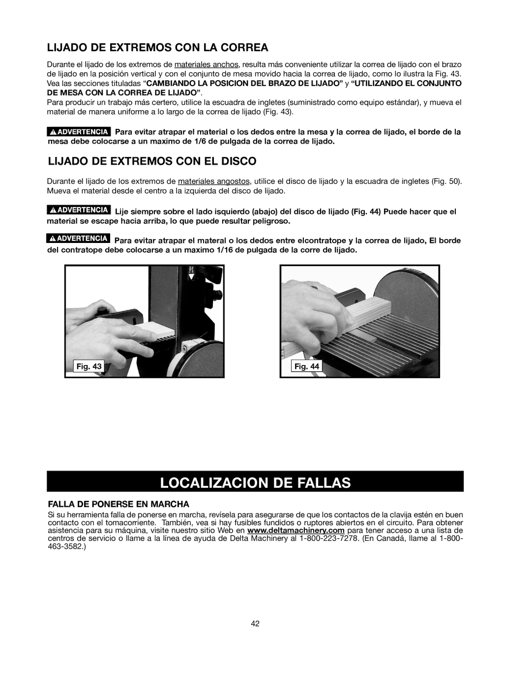 Delta SM500, 491836-00 warranty Localizacion DE Fallas, Lijado DE Extremos CON LA Correa, Lijado DE Extremos CON EL Disco 