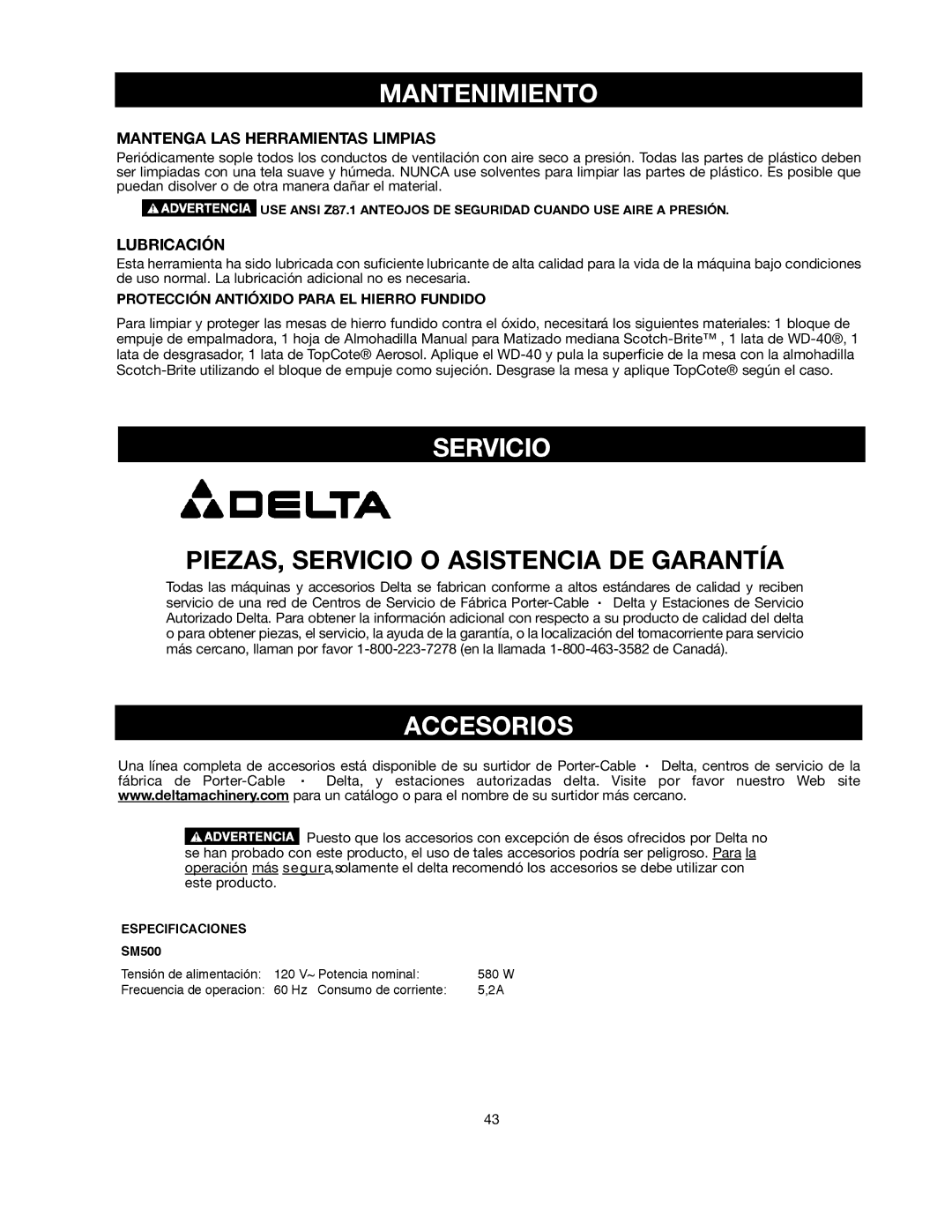 Delta 491836-00, SM500 warranty Mantenimiento, Rv I C I O, C E S O R I O S, Mantenga LAS Herramientas Limpias, Lubricación 