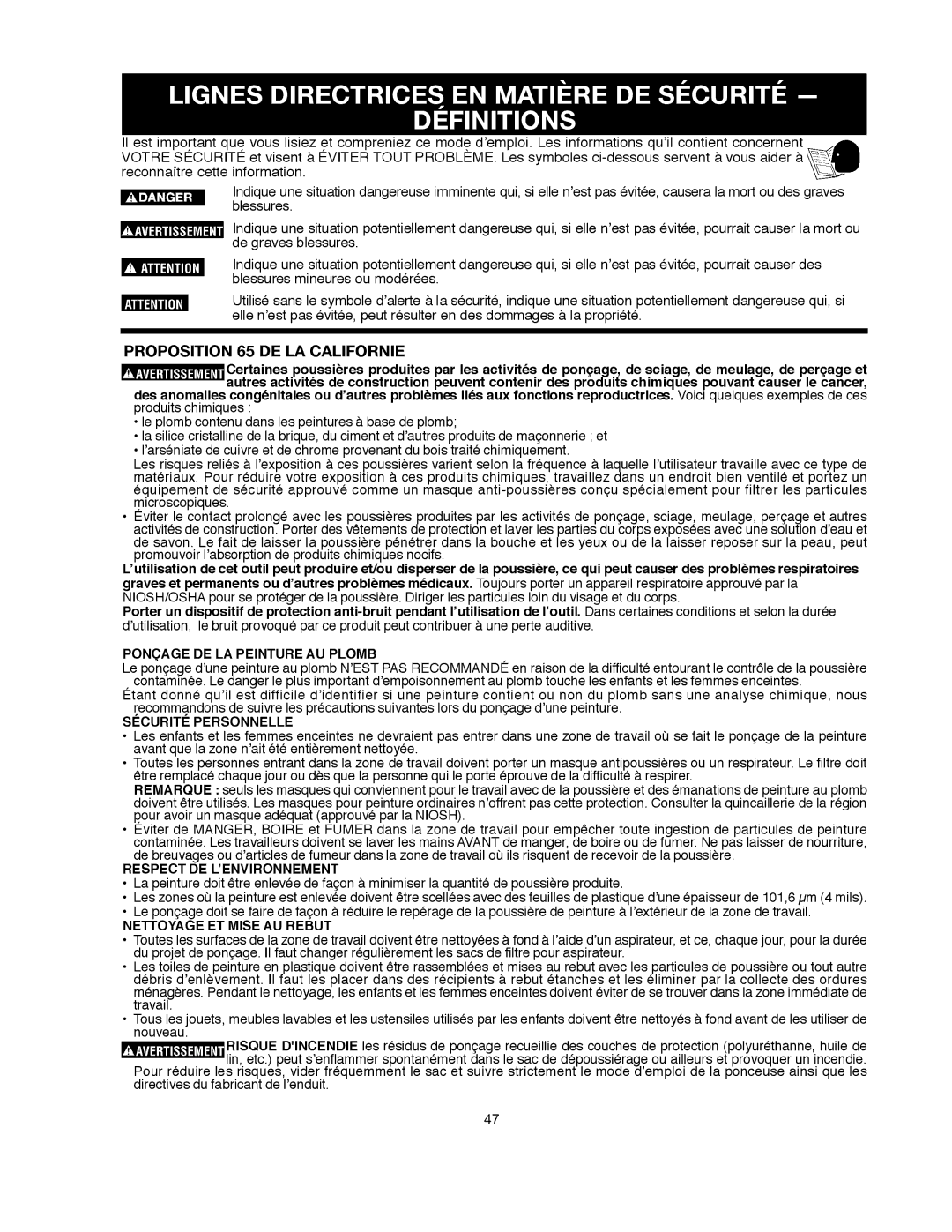 Delta 491836-00, SM500 warranty Lignes Directrices EN Matière DE Sécurité Définitions, Proposition 65 DE LA Californie 