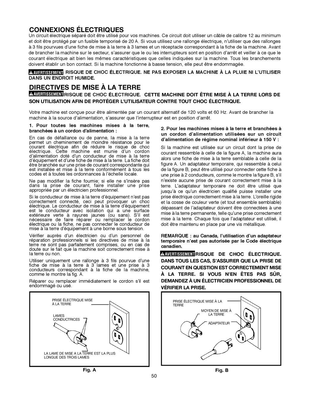 Delta SM500, 491836-00 warranty Connexions Électriques, Directives DE Mise À LA Terre 