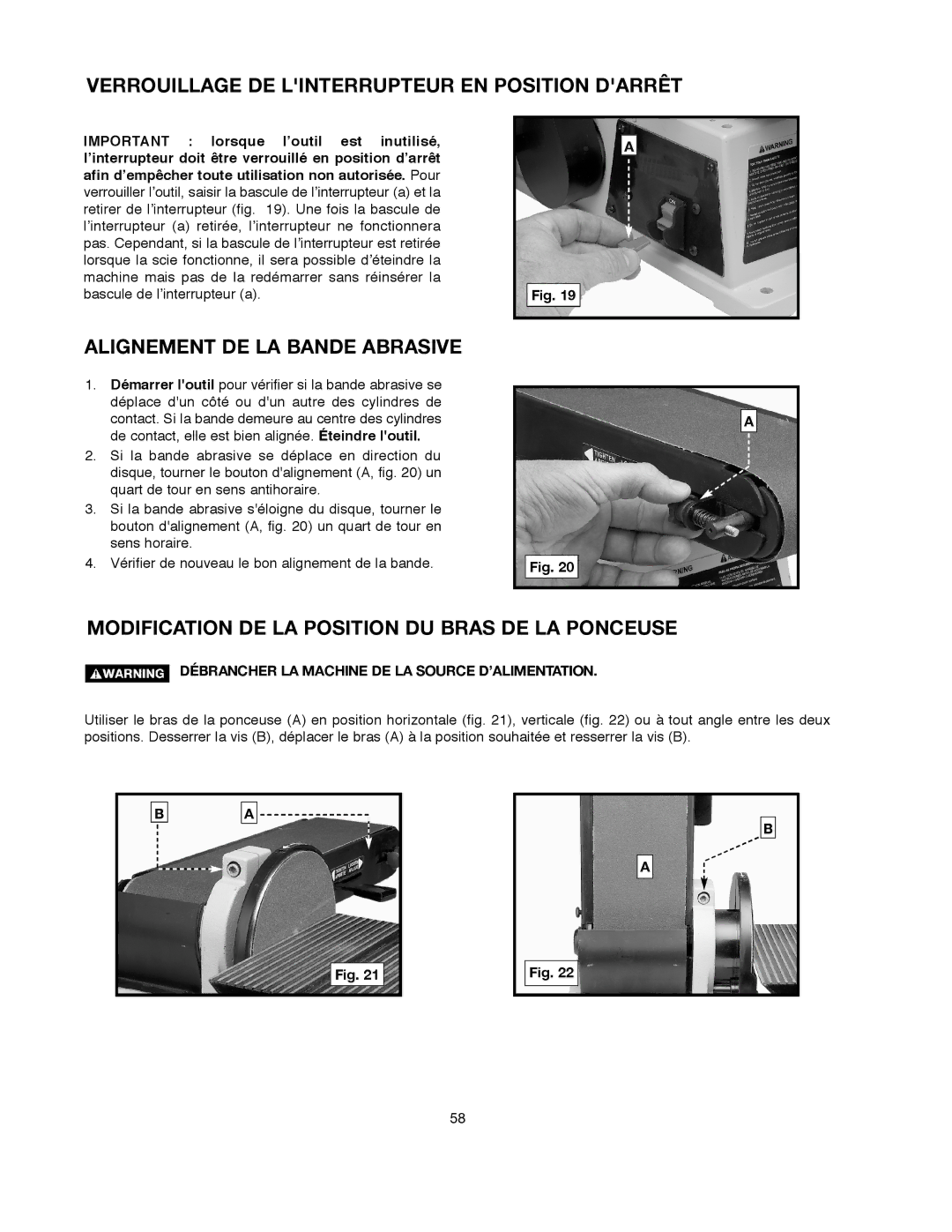 Delta SM500, 491836-00 warranty Verrouillage DE Linterrupteur EN Position Darrêt, Alignement DE LA Bande Abrasive 