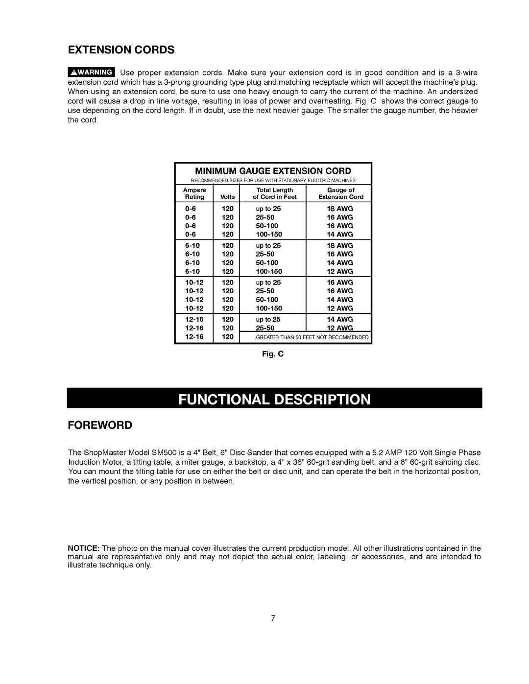 Delta 491836-00, SM500 warranty Functional Description, Extension Cords, R E W O R D, Minimum Gauge Extension Cord 