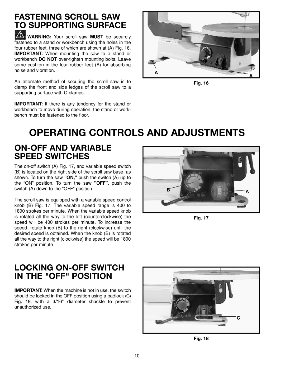 Delta SM600 instruction manual Operating Controls and Adjustments, Fastening Scroll SAW To Supporting Surface 