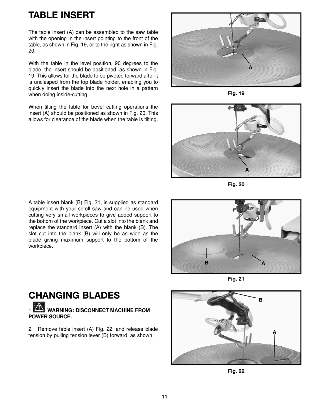 Delta SM600 instruction manual Table Insert, Changing Blades 