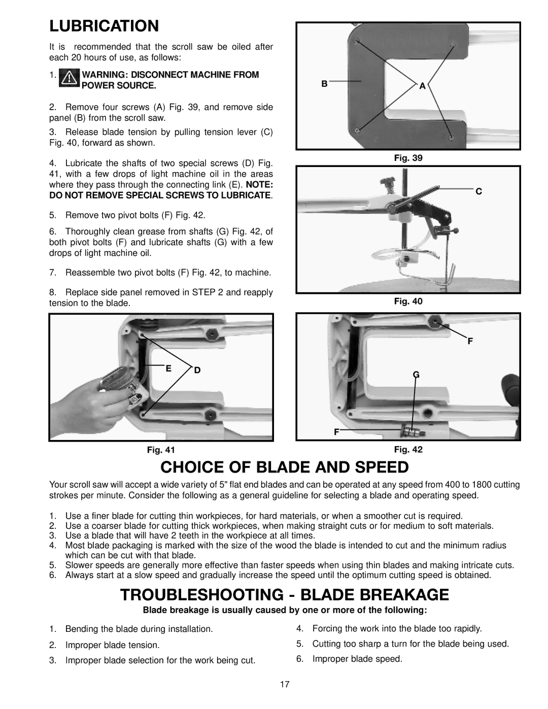 Delta SM600 instruction manual Lubrication, Choice of Blade and Speed, Troubleshooting Blade Breakage 