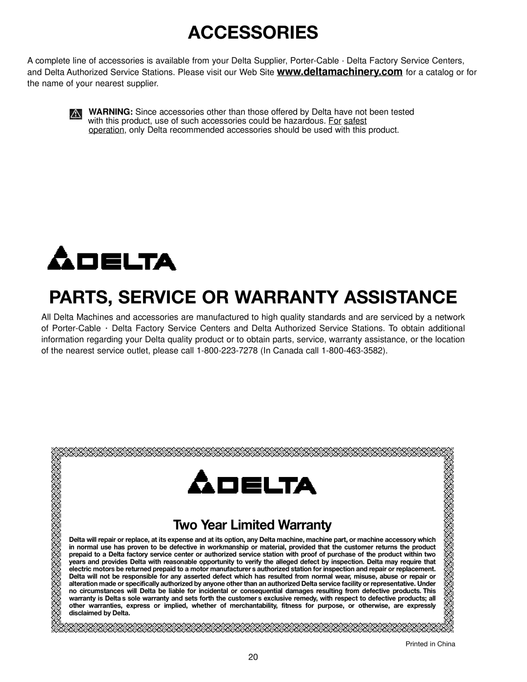 Delta SM600 instruction manual Accessories PARTS, Service or Warranty Assistance, Two Year Limited Warranty 